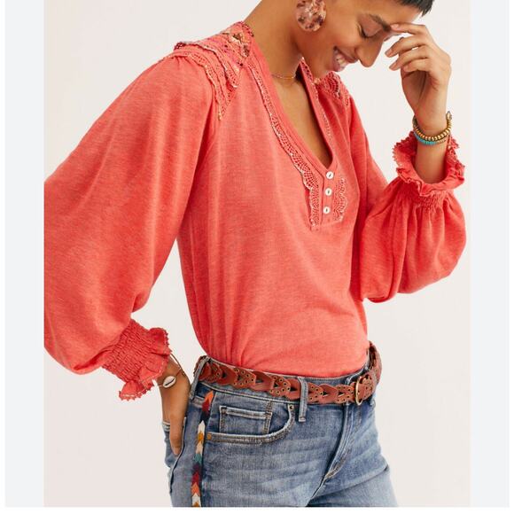 FREE PEOPLE CAMELIA SIESTA FIESTA CROCHET TRIM LONG SLEEVE TOP size M loose fit - Picture 8 of 8